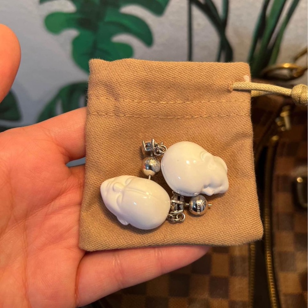 Burberry White Resin Palladium Plated Doll Head Drop Earrings